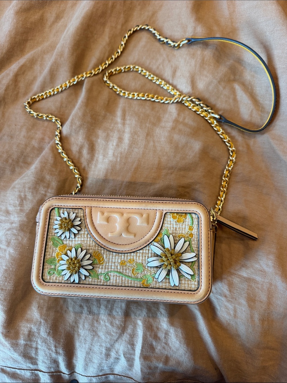 Tory Burch Beige Floral Appliqué Crossbody with Gold Chain